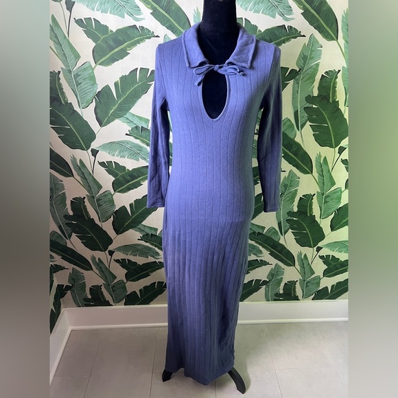Free People Beach Womens Blue Moonlight Maxi Ribbed Knit Long Sleeve Dress Small - Picture 4 of 10